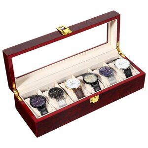 6 Slot Wooden Watch Display Case w/ Glass Lid & Removable Pillows - Vintage Brow